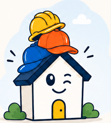 A smiling house wearing a stack of yellow, orange and blue hard hats